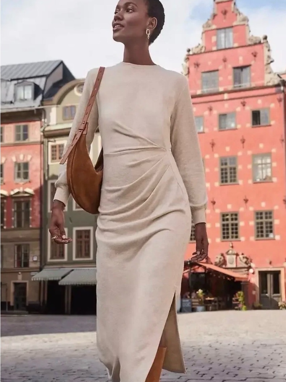 LOFT Elegant Cream Long-Sleeve Midi Dress with Side Slit Size L